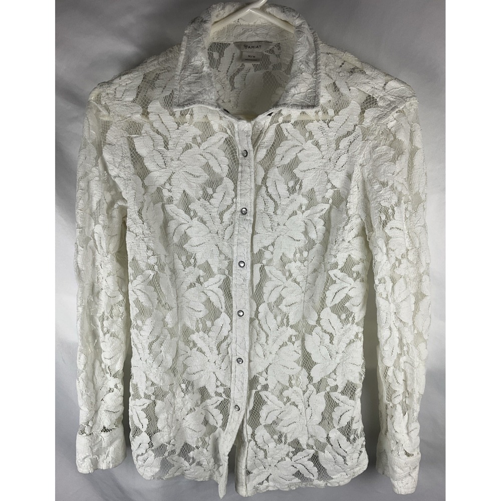 Ariat Women's White Medium SheerLace Pearl Snap Western Shirt Blouse Floral